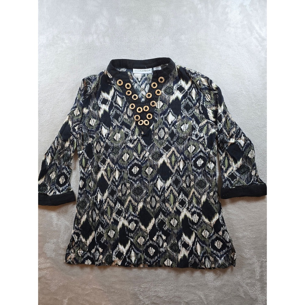 Sag Harbor Shirt Top Blouse Womens L Boho 3/4 Sleeve V-Neck Wood Grommets